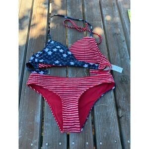 Hollister Flag Stars and Stripes Two-Piece Bikini red White Blue Patriotic XS